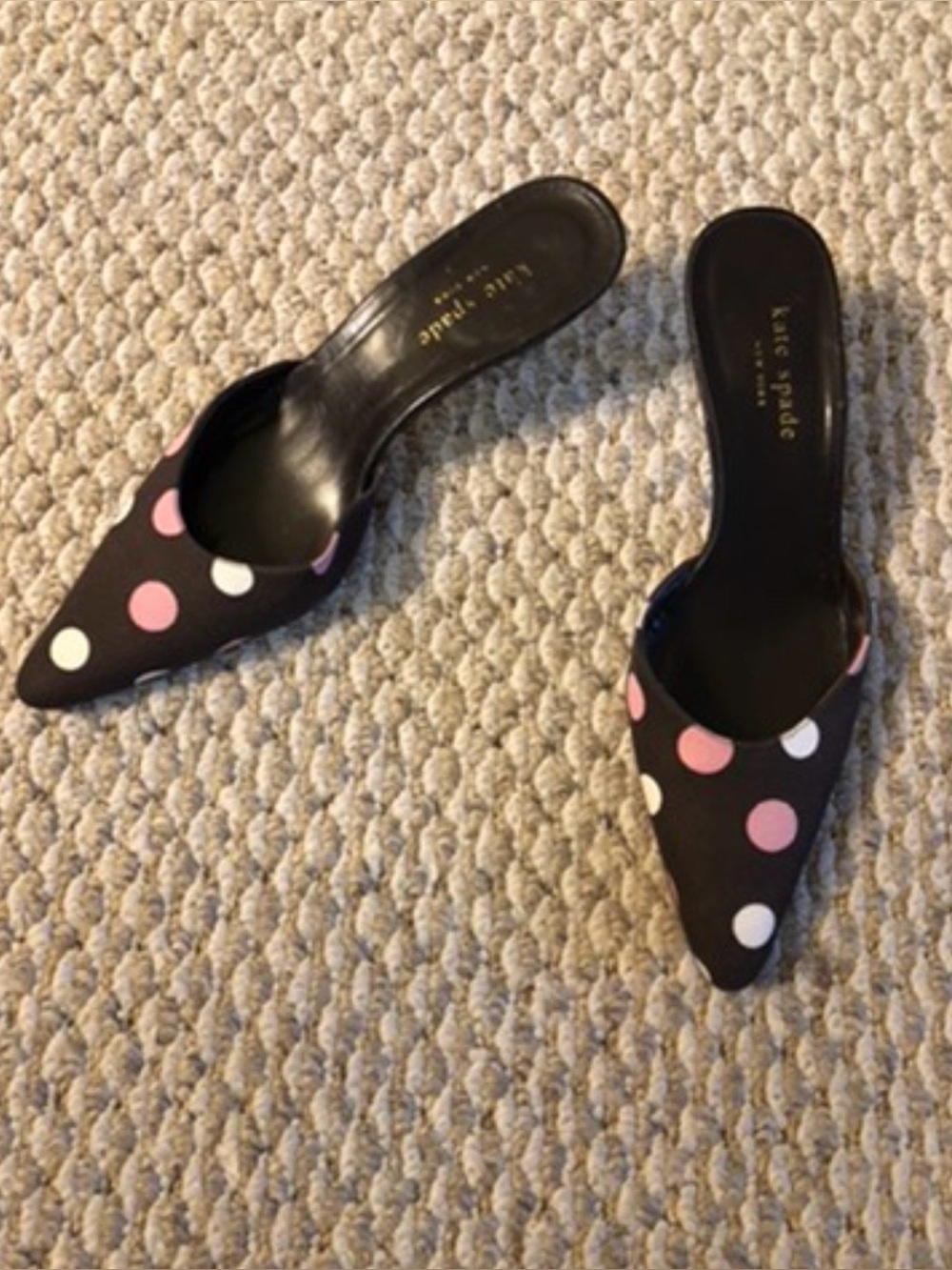 kate spade Black Pointed-Toe Mules with Pink & Cream Polka Dots